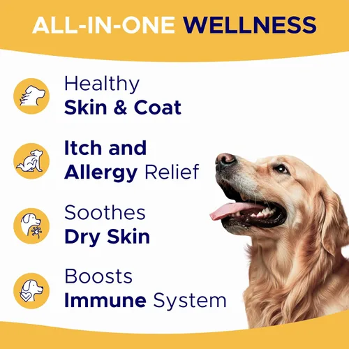 Miniatura 2 de Aceite de pescado Omega 3 para perros (180 unidades) – Masticables para la piel y el pelaje – Alivio de la piel seca y con picazón + apoyo
