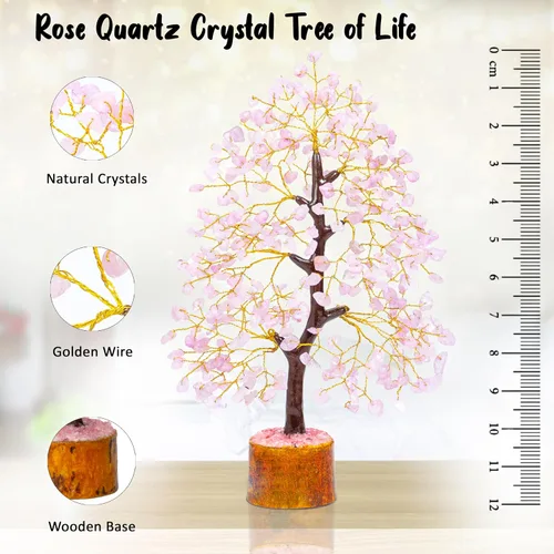 Miniatura 2 de Crocon - Árbol de piedras preciosas de cuarzo rosa y alambre dorado, 10 a 12 in, hecho a mano en la India, árbol feng shui del dinero, prosperidad