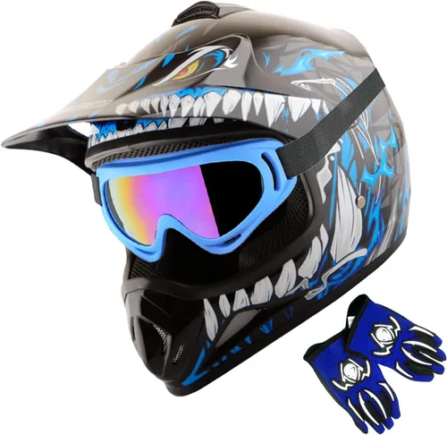 Miniatura 19 de WOW Casco de motocross BMX MX ATV para niños y jóvenes, casco Dianosour Dragon + gafas + guante marciano juvenil: paquete HJOY MG