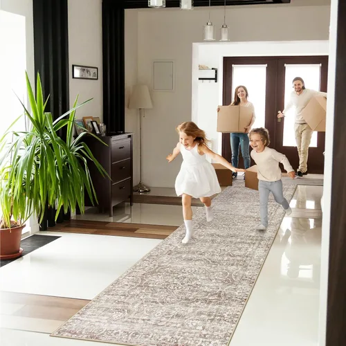 Miniatura 7 de Alfombra de pasillo Lahome 2.5x10, alfombras lavables para la cocina ultradelgadas, antideslizantes, estampado bohemio neutral, alfombra larga