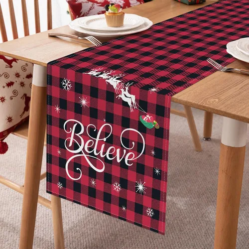 Miniatura 3 de Bonhause Camino de Mesa Navideño a Cuadros Buffalo Rojo y Negro de 13x72 Pulgadas Xmas Believe Trineo Decoración Estacional de Invierno para Mesa