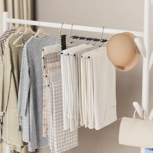 Miniatura 34 de Loretoy Paquete de 4 perchas para pantalones que ahorran espacio, estante multifuncional antideslizante para pantalones, tubo de acero inoxidable