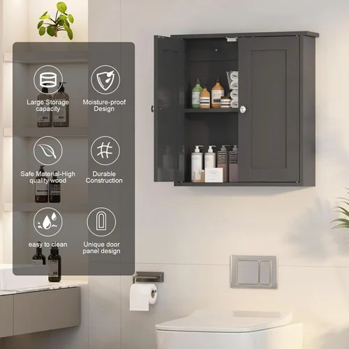 Miniatura 3 de Armario de pared de baño negro, botiquín sobre inodoro, armario de baño montado en pared con estantes, botiquín de montaje en superficie