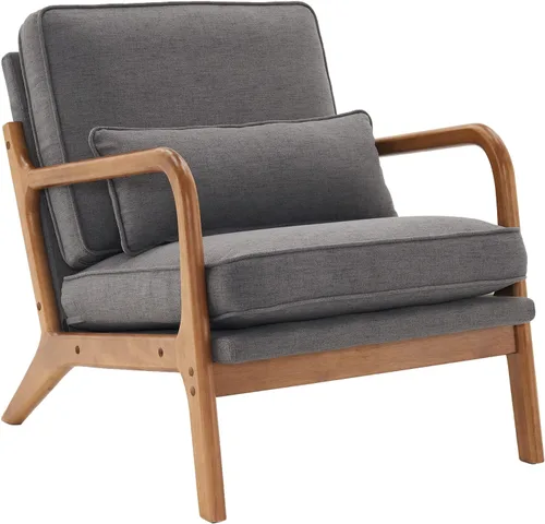 Miniatura 17 de SSLine Sillón tapizado moderno de tela de lino suave con almohada y marco de madera de roble, cómodo sofá individual con respaldo alto, silla
