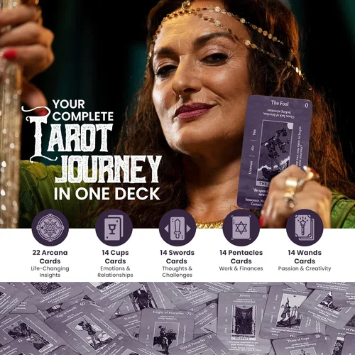 Miniatura 4 de Cartas de tarot con guía con significados en ellas Bolsa de tarot con colocaciones Diseños morados y rosados Perfecto para principiantes