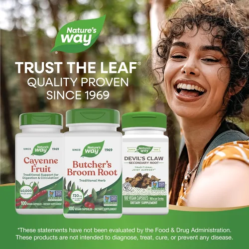 Miniatura 7 de Nature's Way Escoba de carnicero, hierba tradicional, 720 mg por porción de 2 cápsulas, proyecto verificado sin OMG, 100 cápsulas veganas