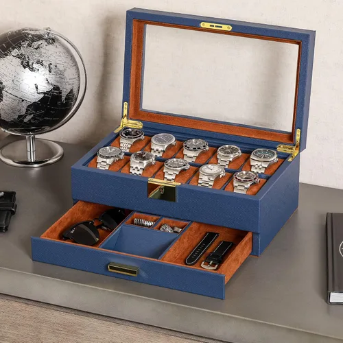 Miniatura 25 de ROTHWELL Caja de reloj de cuero de 10 ranuras con cajón de valet, organizador de exhibición de lujo con forro de microgamuza ultrasuave, soporte