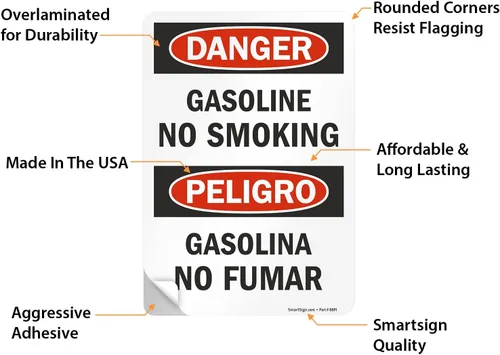 Miniatura 4 de SmartSign Peligro - Etiqueta adhesiva OSHA de 3 mil laminada de poliéster adhesivo laminado de 3 mil, 10 x 7 pulgadas - Peligro - Gasolina No Fumar