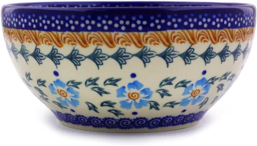 Miniatura 3 de Auténtico cuenco de cerámica polaca de 6 pulgadas en diseño de aciano azul, hecho a mano en Bolesławiec Polonia por Ceramika Bona + certificado