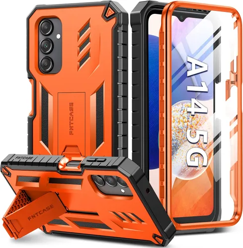 Miniatura 9 de FNTCASE Funda para Samsung Galaxy A14-5G: Funda de TPU resistente con textura de doble capa a prueba de golpes con soporte Protección contra Negro