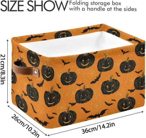 Miniatura 4 de Wusikd Cesta de almacenamiento de Halloween naranja y negra, juego de 1 canasta grande de tela de calabaza y bruja, cubo con asas, plegable, estante