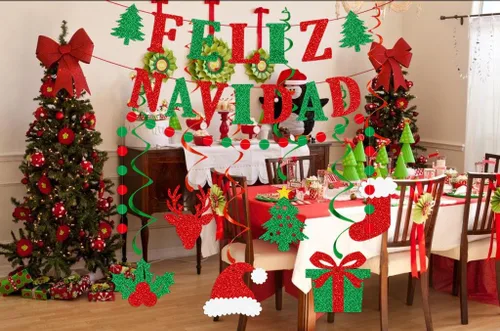 Miniatura 3 de Cartel de Feliz Navidad – Cartel de Navidad mexicana española, decoraciones de purpurina roja y verde para el hogar, mantel de fiesta (premontado)