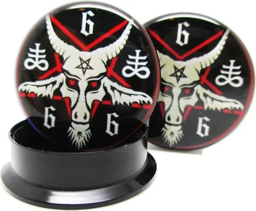 Miniatura 3 de Par de tapones para los oídos Baphomet 666 con pentagrama Tornillo acrílico 10 tamaños (58 pulgadas (0.630in)), Acrílico