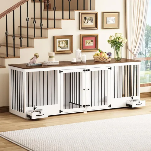 Miniatura 10 de Mueble estilo jaula para perros grande para 2 perros, perrera de madera resistente de 86.6" con cajones y divisor para comedero de perros, perrera