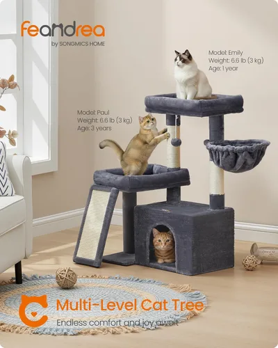 Miniatura 2 de Feandrea Árbol para gatos, torre para gatos con postes rascadores y rampa, 2 perchas grandes, cueva, canasta, 33.8 pulgadas de alto, gris oscuro