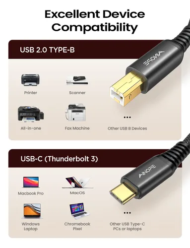 Miniatura 7 de AINOPE Cable de impresora USB C de 6.6 pies, negro, trenzado de nailon, para Yamaha, piano digital Casio, teclado, hp, hermano, impresoras Canon