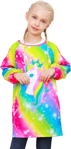 Miniatura 10 de PASHOP Bata de arte para niños, de unicornio, impermeable, para niñas, niños, manga larga, hasta la rodilla, con bolsillo (dinosaurio azul, 3-7 años)