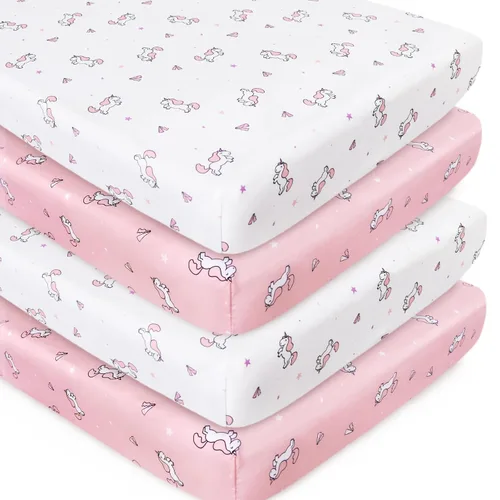 Miniatura 15 de Juego de sábanas para mini cuna para niñas, paquete de 4, sábanas para mini cuna portátil para niñas (38" x 24") Multiuso para Pack n Play