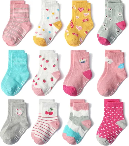 Miniatura 14 de SkiBeaut Calcetines para bebés y niñas, 12 pares de calcetines antideslizantes para niños pequeños con agarre para niñas de 0 a 7 años