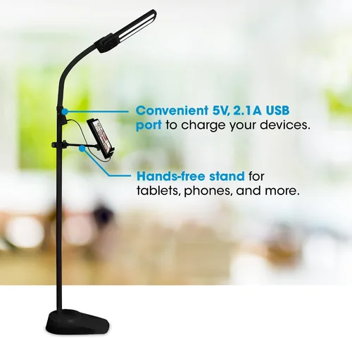 Miniatura 3 de OttLite Lámpara de pie LED de doble pantalla con soporte ajustable, amplia gama de iluminación con puerto de carga USB de 2.1 A integrado y cuello