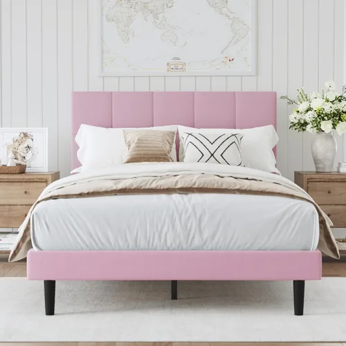 Miniatura 10 de Base de cama de plataforma de terciopelo de tamaño matrimonial con cabecera tapizada y soporte de listones resistentes, diseño con botones,