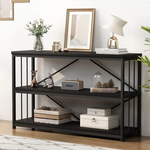 Miniatura 25 de LVB Mesa consola industrial, mesa de sofá de metal y madera, mesa de entrada rústica con almacenamiento, moderno estante de 3 niveles mesa larga