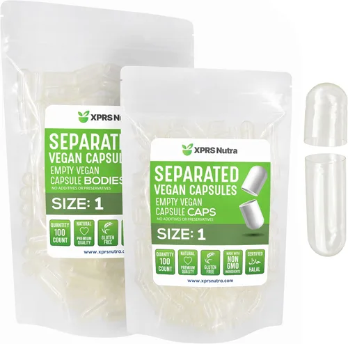 XPRS Nutra Cápsulas separadas veganas tamaño 1 – 100 cápsulas vacías transparentes de primera calidad separadas en bolsas – Pastillas 1 vacía para