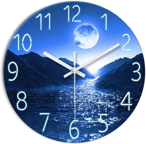 Miniatura 14 de XFM Reloj de pared azul con pilas, 12 pulgadas, silencioso, sin tictac, de cristal, luna, océano, ondas, relojes redondos para decoración de cocina