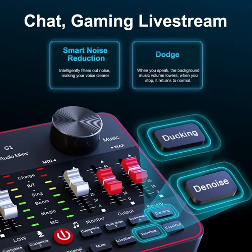 Miniatura 4 de Mezclador de audio, placa de sonido para transmisión en vivo, canto y juegos en PC/teléfono, interfaz de audio para micrófono de 3.5 mm, tarjeta