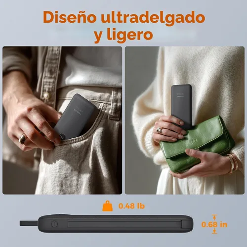 Miniatura 5 de TESSAN Cargador portátil con cables incorporados, banco de energía de 10000 mAh de carga rápida con enchufe AC plegable, batería compacta de 20W