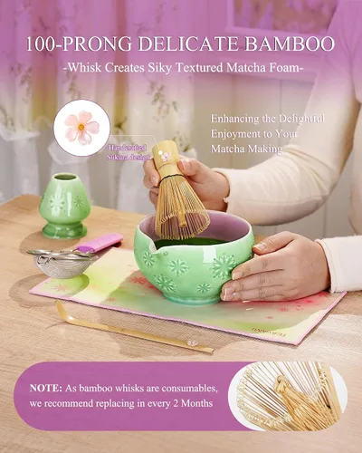 Miniatura 4 de Juego de batidor de matcha, juego de 6 piezas de matcha incluye cuenco matcha, innovador batidor y cuchara de bambú con bonito dije, soporte Chasen