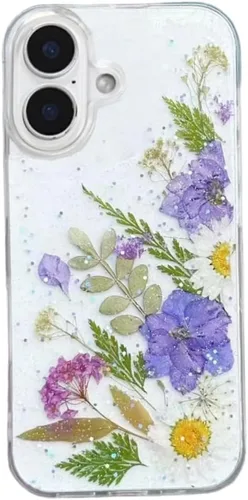 Miniatura 10 de Funda floral para iPhone 17 con flores reales prensadas, bonito diseño de flores secas prensadas transparentes con purpurina para mujer, suave TPU