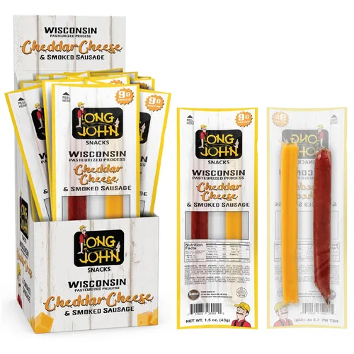 Long John Snacks Palitos de carne y queso, salchicha ahumada original y palito de queso cheddar real de Wisconsin, aperitivos altos en proteínas