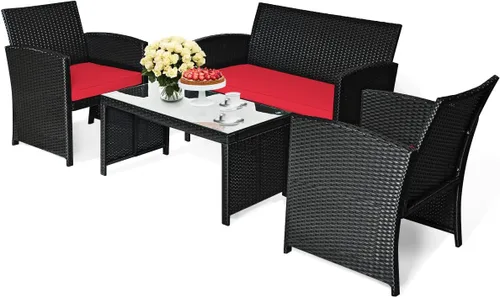 KOTEK Juego de muebles de patio de 4 piezas, juego de conversación de mimbre de ratán al aire libre, juego de sofá y mesa de ratán al aire libre con