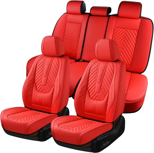 Coverado Fundas de asiento de automóvil, juego completo de fundas de asiento de cuero sintético, fundas protectoras de asiento de lujo, ajuste Rojo