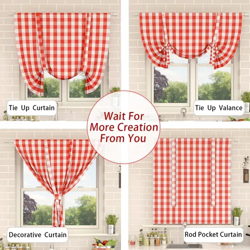 Miniatura 82 de Cenefas de cortina para ventana de 16 pulgadas de largo, 2 paneles de cuadros búfalo, cortinas pequeñas con bolsillo para barra, estilo clásico