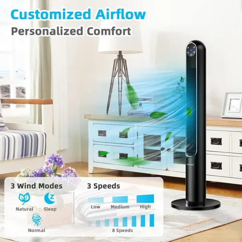 Miniatura 3 de COSTWAY Ventilador de torre, ventilador oscilante portátil de 42 pulgadas de 80 grados con control remoto, 3 modos de viento, panel de control