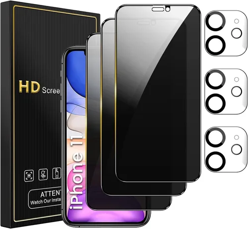 Romkasi Paquete de 3 protectores de pantalla de privacidad para iPhone 11 de 6.1 pulgadas con 3 protectores de lente de cámara, película de vidrio