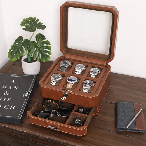 Miniatura 3 de Juego de regalo Caja de reloj de cuero con 6 ranuras con cajón de valet, organizador de exhibición de lujo para reloj, forro de microgamuza, caja