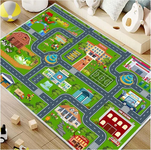 Miniatura 9 de Alfombra de coche de carretera para niños, 31 x 47 pulgadas, alfombra de pista de carreras de ciudad, alfombra de carreras para niños, alfombra