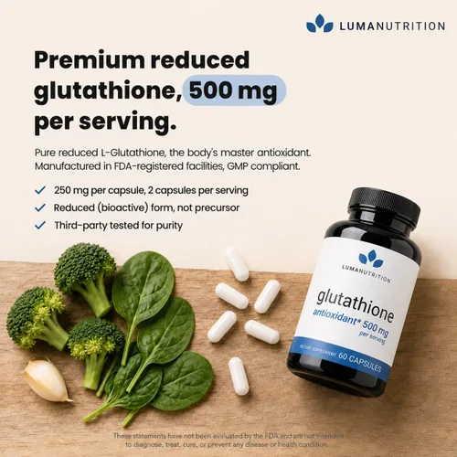 Miniatura 3 de Luma Nutrition Suplemento premium de glutatión - 500 mg - L-glutatión - Soporte antioxidante - Reducido - Soporte hepático - 60 cápsulas