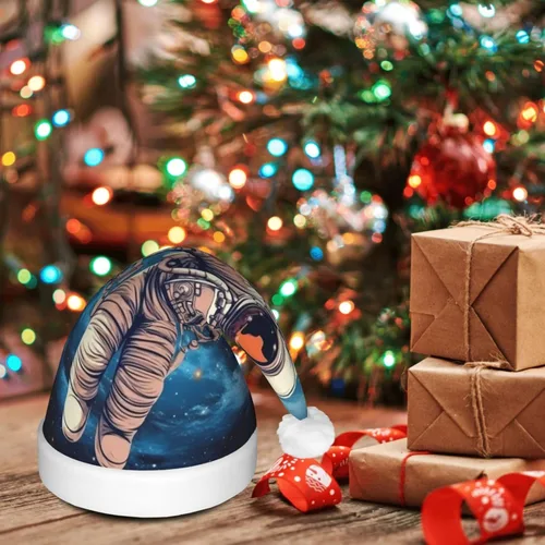 Miniatura 7 de Astronauta Planet Print Christmas Hat With Led Lights Novelty Plush Santa Hat Xmas Holiday Hat For Adults Holiday Party Gifts