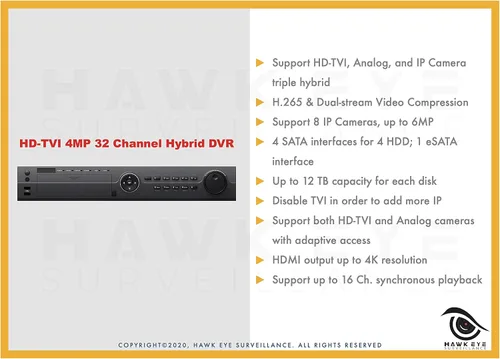 Miniatura 4 de 32CH HD TVI 4MP DVR - Grabadora de video digital de vigilancia 32CH HD-TVI/CVI/AHD H265 Full HD HDMI/VGA/BNC Salida de video analógica y cámara IP