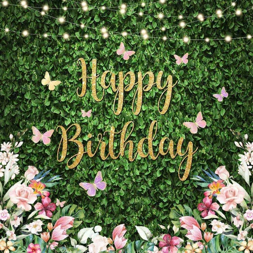 Miniatura 7 de Avezano Greenery - Telón de fondo de feliz cumpleaños con flores y césped verde para pared, para mujeres y niñas, fiesta de cumpleaños, fotografía