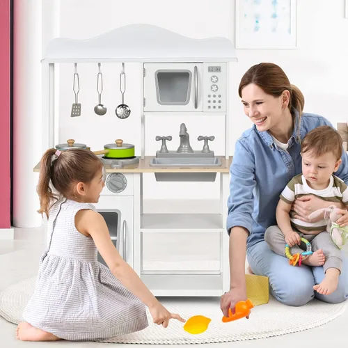 Miniatura 7 de Costzon Juego de cocina para niños, juego de cocina de juguete de madera con fregadero, horno, microondas, estufa, ollas, utensilios, cocina