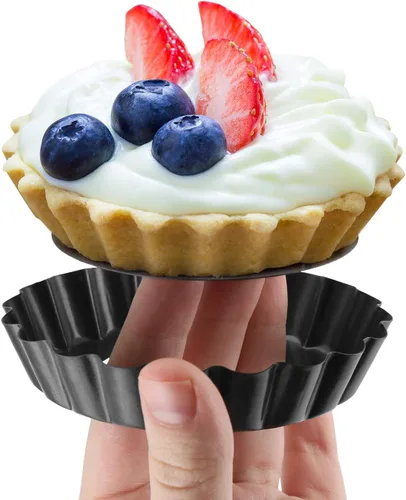 Miniatura 2 de Laxinis World Sartenes Quiche de 4 pulgadas con fondo extraíble, antiadherentes, lados estriados, mini sartenes para tartas, forma redonda, juego