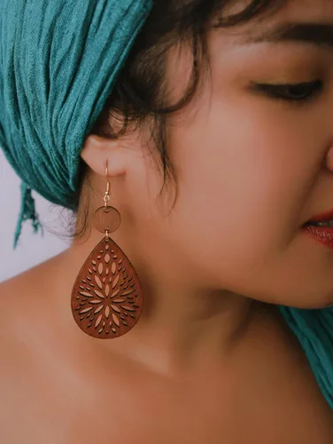 Miniatura 5 de MINACHI Bohemian Hollow Cut-Out Wood Leather Dangle Drop Earrings, Boho Chic Hippie Statement Jewelry Gift for Women