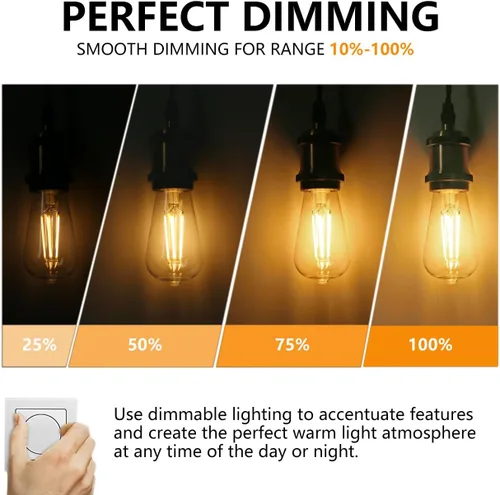 Miniatura 3 de BORT Paquete de 4 bombillas LED Edison ST58/ST19, color blanco cálido, 2700 K, equivalente a 6 W, bombillas LED de filamento de 60 W, regulables