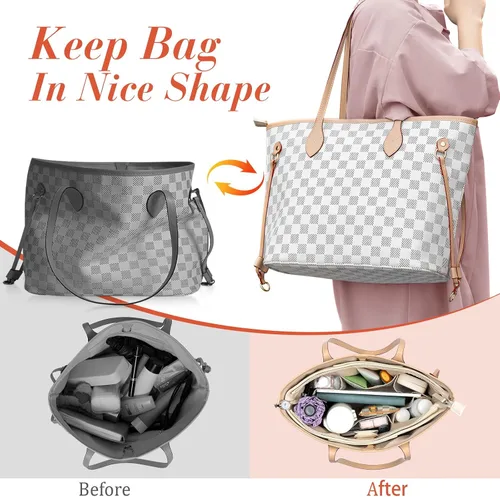 Miniatura 6 de Joqixon Organizador de bolso para bolsos, organizador de bolsas de piel sintética para bolso con luz LED, bolso y moldeador de bolso con llavero