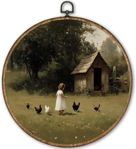 TLESKE Decoración de pared redonda vintage de granja de pollo con marco de 10 x 10 pulgadas, lienzo rústico de granja de campo, impresiones